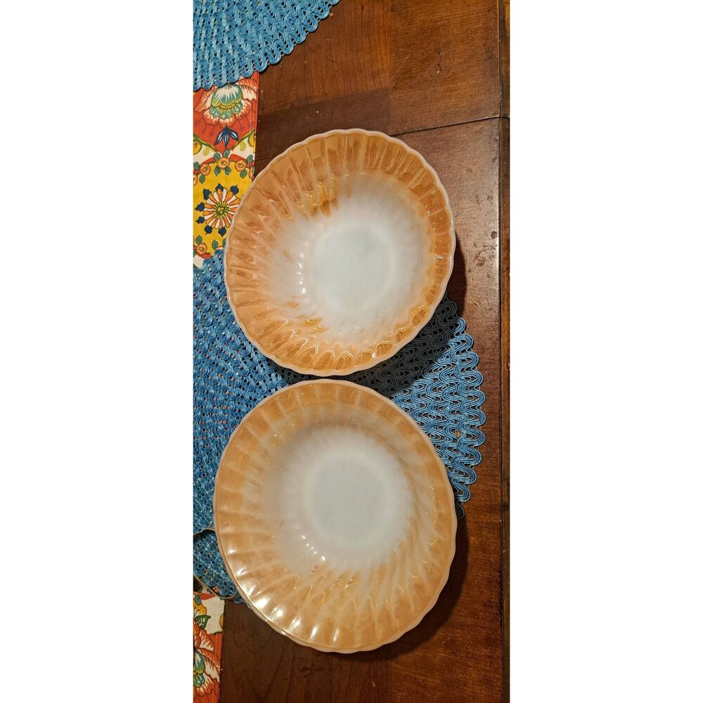Vintage Fire-King Peach Lustre Shell Milk Glass Bowls Set of 2 8.5 inch MCM
